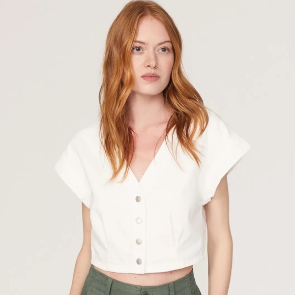 Madewell Denim Cap-Sleeve Crop Top in Tile White size 10 rent the runway - Picture 2 of 6